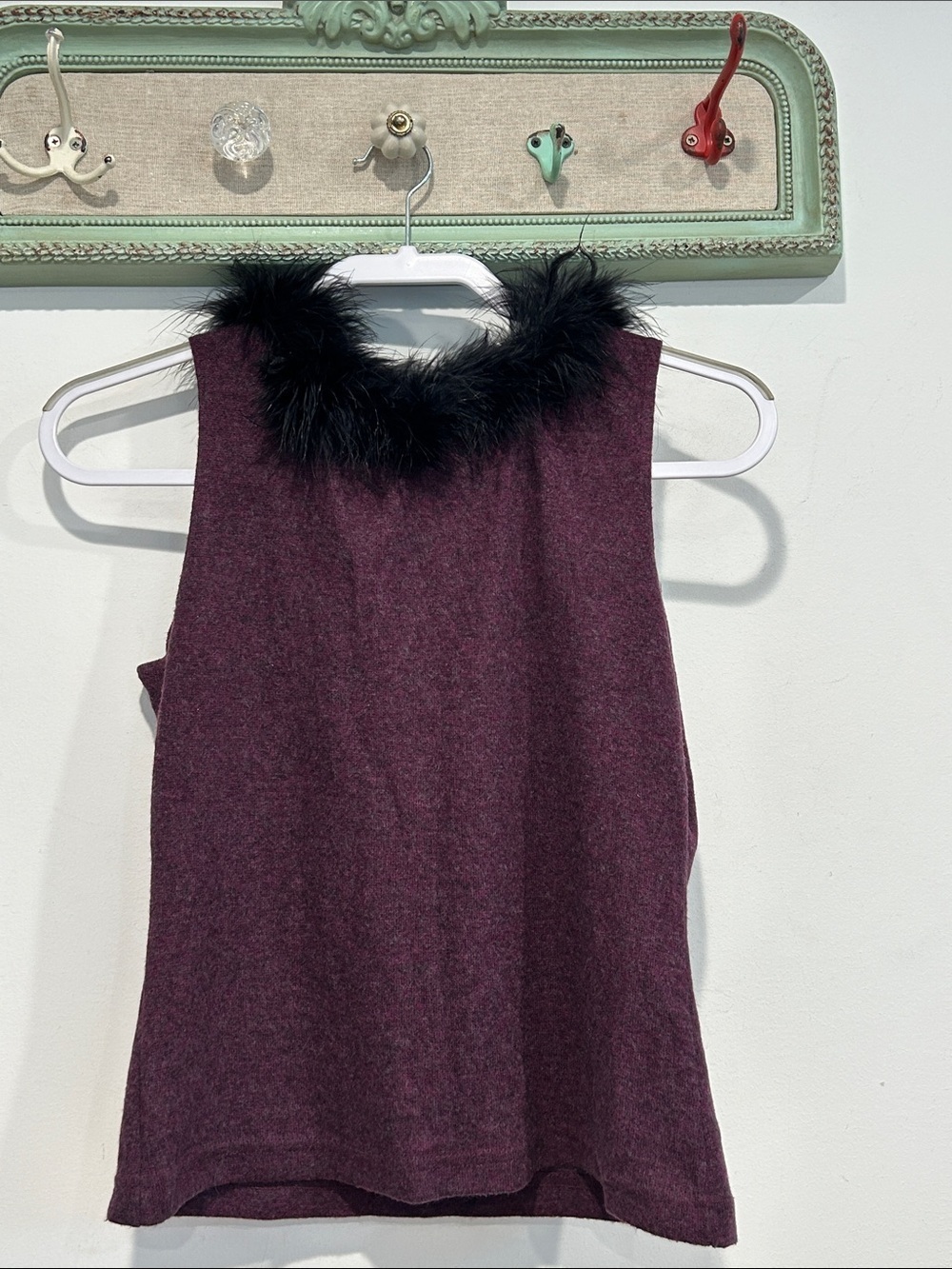 Vintage 90s Anxiety Cafe Plum Tank Top with Black Faux Fur Trim large women’s